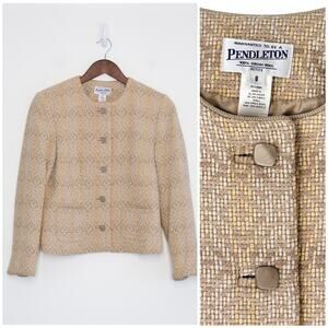 Pendleton Wool Woven Blazer Jacket Women 8 Petite EUC Beige Ikat Southwestern